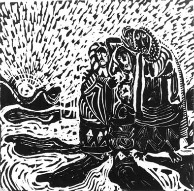 Dan RAKGOATHE "People following their shadows", 1972 - original linocut 1/50 - 30.5x31 cm (PELMAMA)