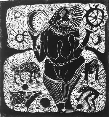 Dan RAKGOATHE "Pre-historic Goddess", 1973 - original linocut 3/50 - 28x25.5 cm (PELMAMA)
