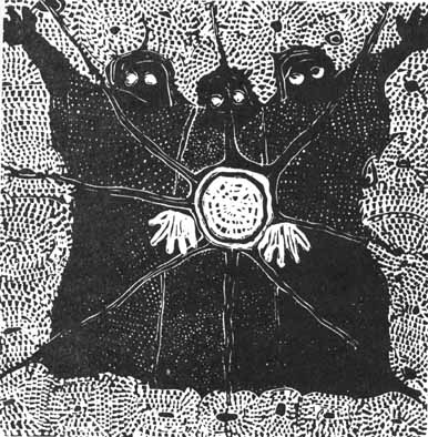 Dan RAKGOATHE "Cosmic Trinity", 1974 - original linocut 9/50 - 36.5x36.5 cm (PELMAMA)