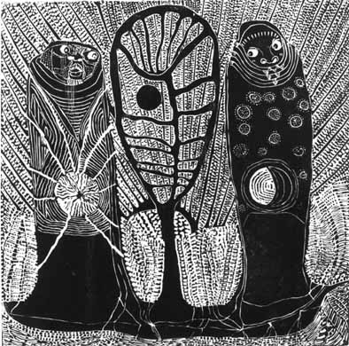 Dan RAKGOATHE "Manifestation of Duality", 1974 - original linocut 1/50 - 48x48 cm (PELMAMA)
