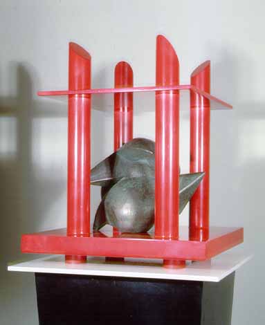 Edoardo VILLA "Roof", 1985 - steel and bronze on steel base - 93x54x54 cm (PELMAMA)