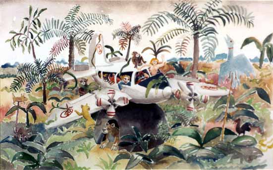 Louis SCOTT "Jungle Landing", 1986 - watercolour - 30x48 cm (PELMAMA)