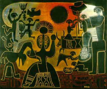 Lucky SIBIYA "Harvesting", 1974 - incised wood panel - 90x106 cm (PELMAMA) THF