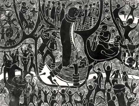Lucas MALEMANE "She is haunted by her ancestors", 1978 - linocut (masonite print) - A/P (ed. 30) - 40x52 cm (PELMAMA) ©THF